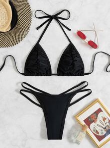 Bikini con tanga y triángulo halter, para vacaciones de verano en la playa - Negro - Ver 6