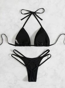 Bikini con tanga y triángulo halter, para vacaciones de verano en la playa - Negro - Ver 2