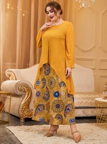 Mulvari Plus Paisley Scarf Print Two Layered Hem Dress - Yellow - View 5