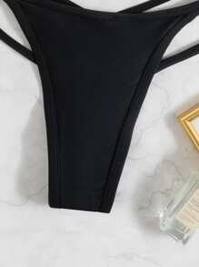 Bikini con tanga y triángulo halter, para vacaciones de verano en la playa - Negro - Ver 4