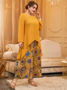 Mulvari Plus Paisley Scarf Print Two Layered Hem Dress - Yellow - View 6