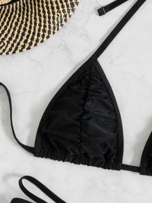 Bikini con tanga y triángulo halter, para vacaciones de verano en la playa - Negro - Ver 5