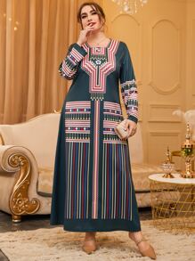 Al Najma Plus Colorful Striped & Geo Print Square Neck Tee Dress - Multicolor - View 1