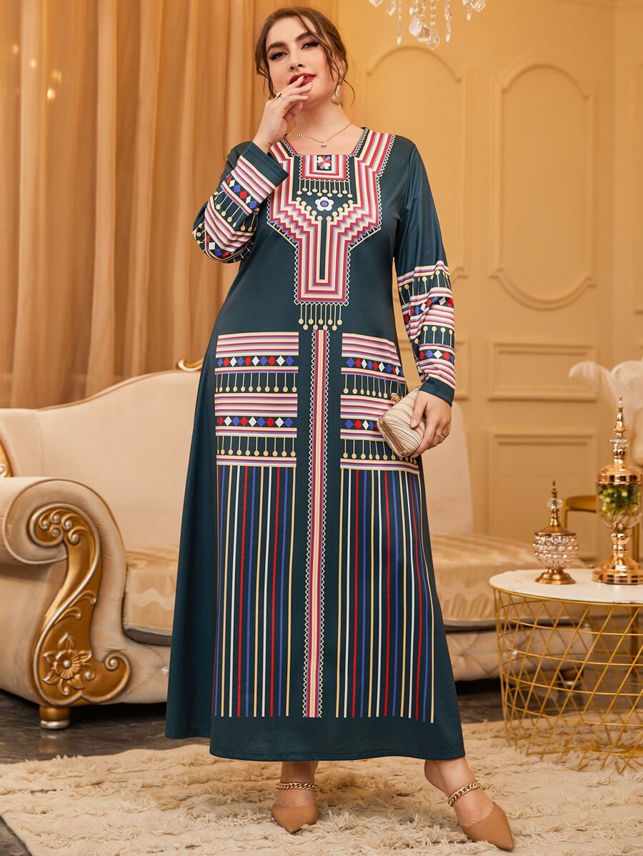 Al Najma Plus Colorful Striped & Geo Print Square Neck Tee Dress - Multicolor - View 1