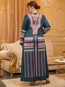 Al Najma Plus Colorful Striped & Geo Print Square Neck Tee Dress - Multicolor - View 2
