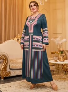 Al Najma Plus Colorful Striped & Geo Print Square Neck Tee Dress - Multicolor - View 3