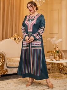 Al Najma Plus Colorful Striped & Geo Print Square Neck Tee Dress - Multicolor - View 5