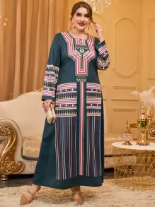 Al Najma Plus Colorful Striped & Geo Print Square Neck Tee Dress - Multicolor - View 6