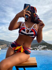 3 件装拼色镂空比基尼，配围巾，适合夏季海滩度假 - 彩色 - 查看 1