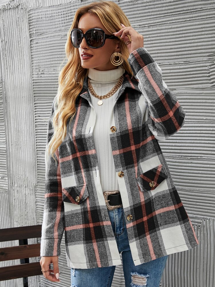 SHEIN LUNE Plaid Drop Shoulder Overcoat - Multicolor - View 4