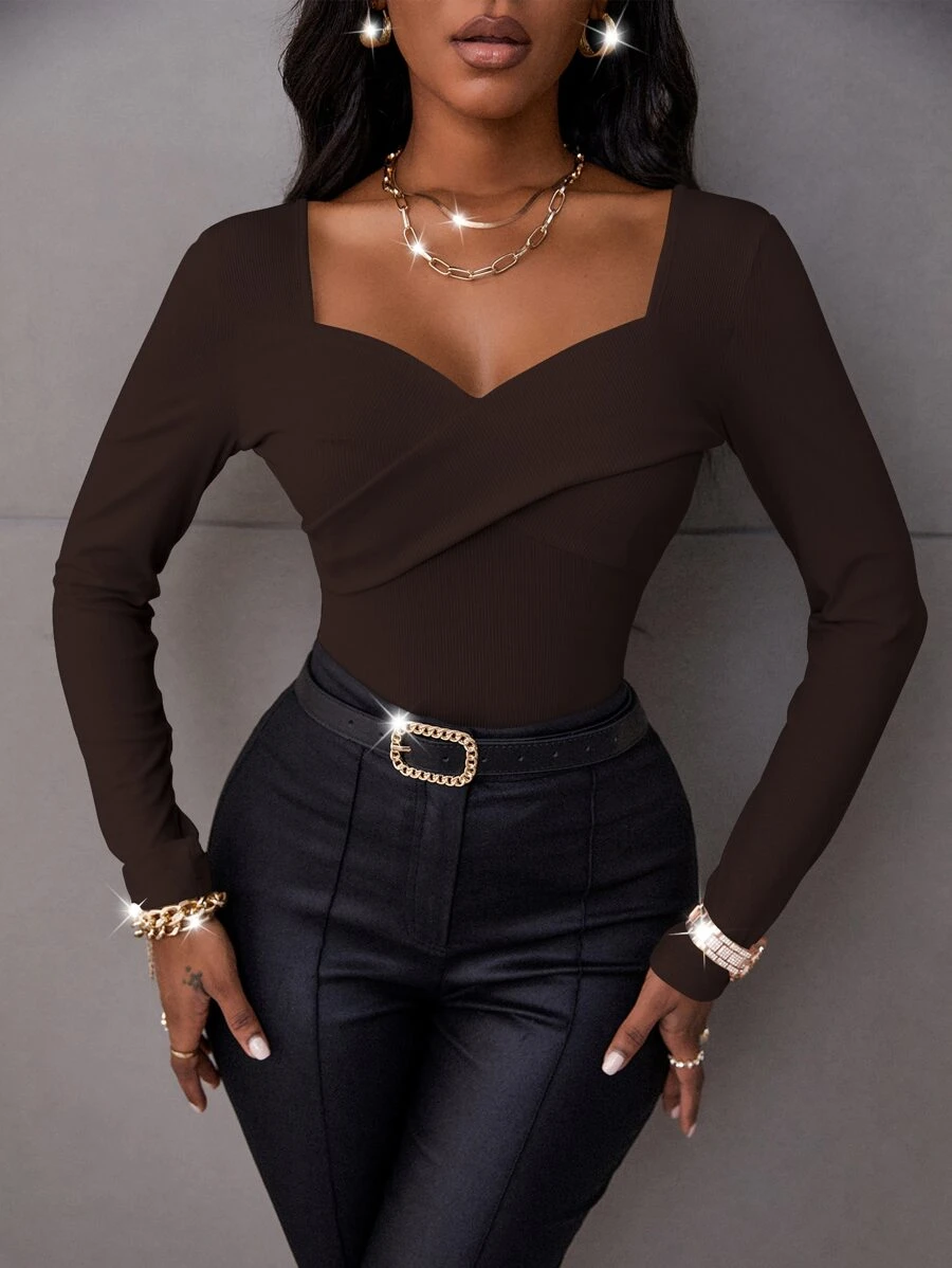 SHEIN SXY Ribbed Knit Sweetheart Neck Tee - Chocolate Brown - View 1