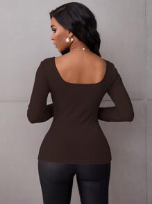 SHEIN SXY Ribbed Knit Sweetheart Neck Tee - Chocolate Brown - View 2