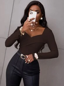 SHEIN SXY Ribbed Knit Sweetheart Neck Tee - Chocolate Brown - View 4