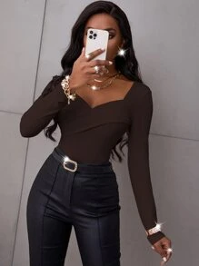 SHEIN SXY Ribbed Knit Sweetheart Neck Tee - Chocolate Brown - View 6