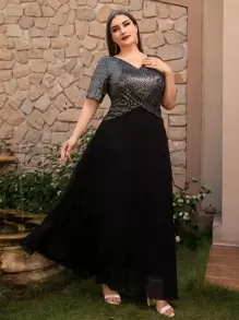 Modelyn 大碼亮片拼接交叉前雪紡洋裝 - 黑色 - 查看 1