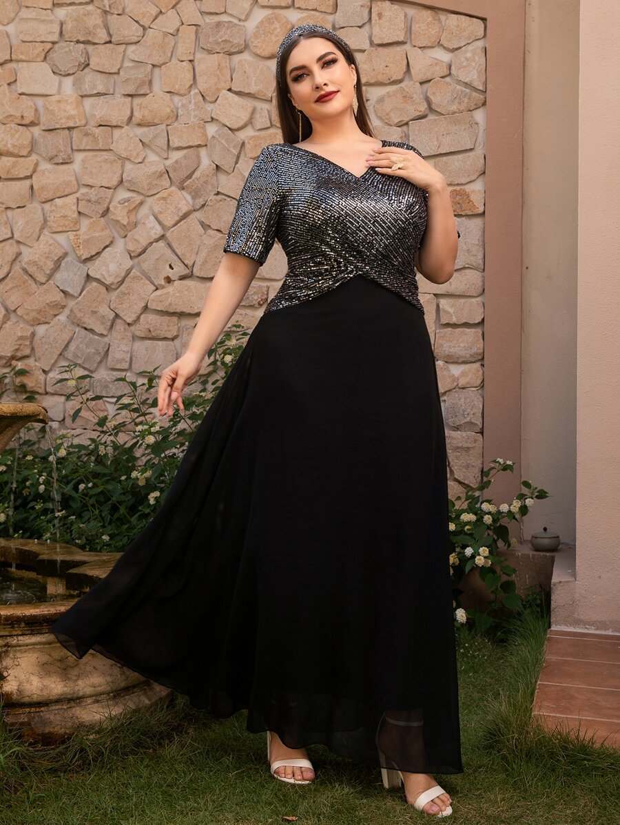 Modelyn 大碼亮片拼接交叉前雪紡洋裝 - 黑色 - 查看 1