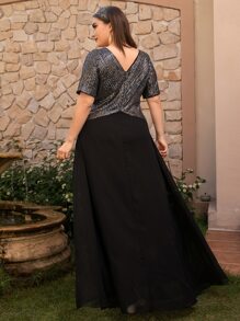 Modelyn 大碼亮片拼接交叉前雪紡洋裝 - 黑色 - 查看 2