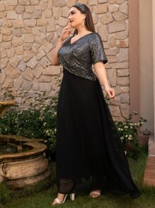 Modelyn 大碼亮片拼接交叉前雪紡洋裝 - 黑色 - 查看 4