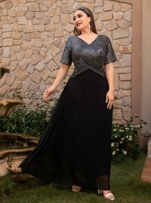 Modelyn 大碼亮片拼接交叉前雪紡洋裝 - 黑色 - 查看 5