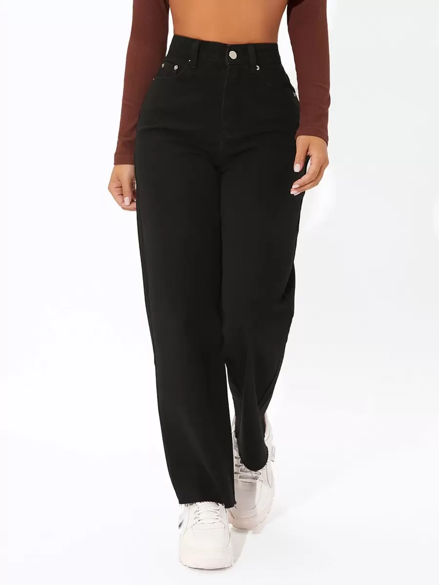 SHEIN PETITE High Waist Straight Leg Raw Hem Jeans - Black - View 1