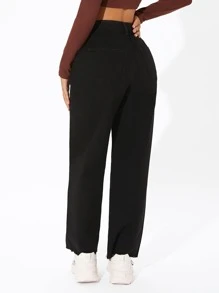 SHEIN PETITE High Waist Straight Leg Raw Hem Jeans - Black - View 2