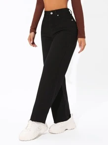 SHEIN PETITE High Waist Straight Leg Raw Hem Jeans - Black - View 3