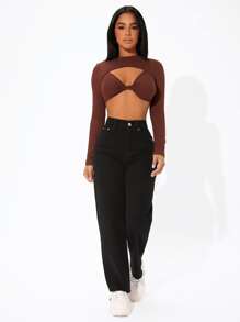 SHEIN PETITE High Waist Straight Leg Raw Hem Jeans - Black - View 4