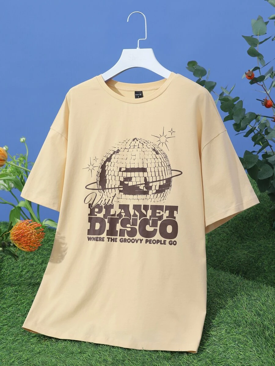 splusmart Slogan Graphic Drop Shoulder Tee - Apricot - View 1