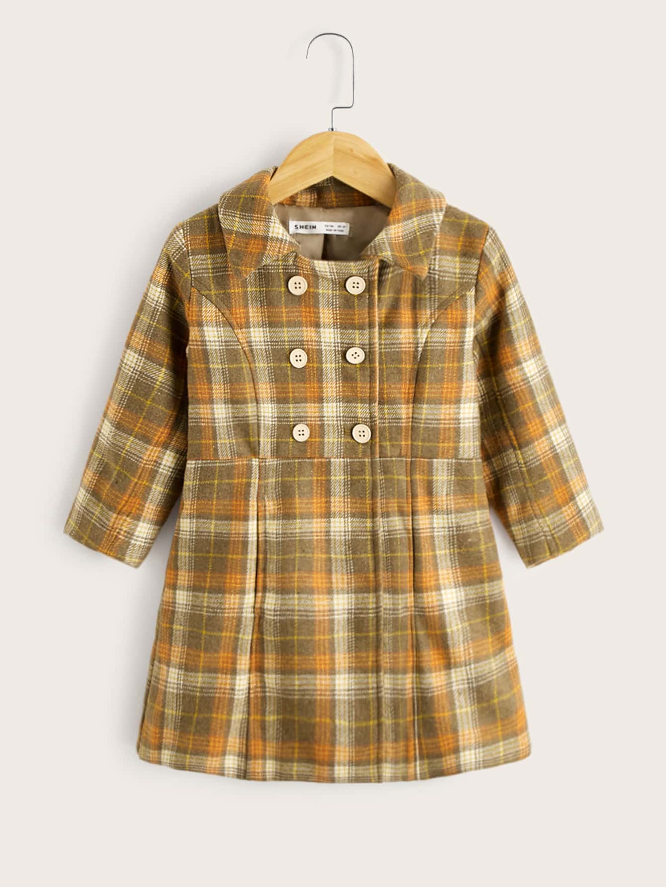 Toddler Girls Tartan Print Double Breasted Placket Overcoat