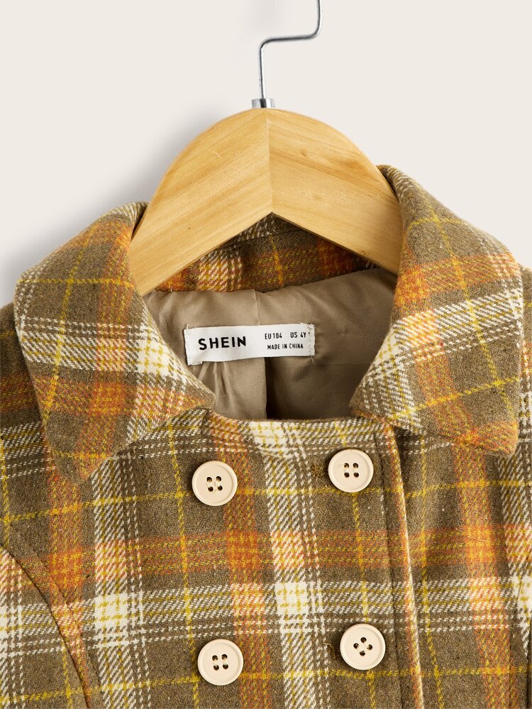 Toddler Girls Tartan Print Double Breasted Placket Overcoat