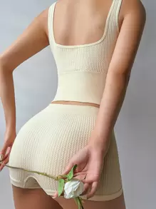 Solid Seamless Bra & Boyshorts Lingerie Set - Beige - View 2