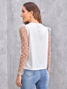 SHEIN Privé Polka Dot Print Lace Yoke Tee - White - View 2