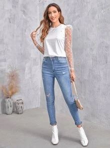 SHEIN Privé Polka Dot Print Lace Yoke Tee - White - View 3