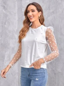 SHEIN Privé Polka Dot Print Lace Yoke Tee - White - View 5