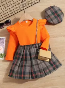 小女童荷葉邊上衣和蘇格蘭格紋半身裙附帽子 - 彩色 - 查看 1