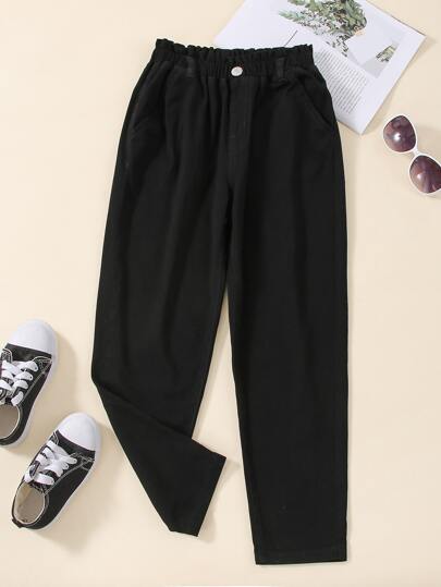 All-Match Casual Modern Street Academy Style Blossom Waist With Elastic Waistband Five-Pocket, Loose Tapered Jeans For Tween Girls. A Must-Have Stylish Jeans Item For The Whole Year., School, Campus, College