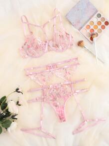 Floral Embroidery Mesh Underwire Garter Lingerie Set - Pink - View 1