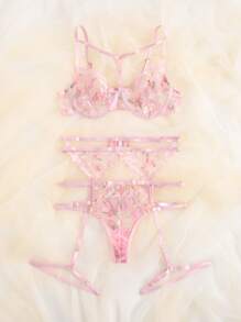 Floral Embroidery Mesh Underwire Garter Lingerie Set - Pink - View 3