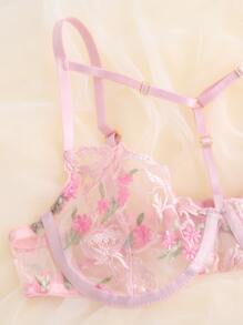 Floral Embroidery Mesh Underwire Garter Lingerie Set - Pink - View 4