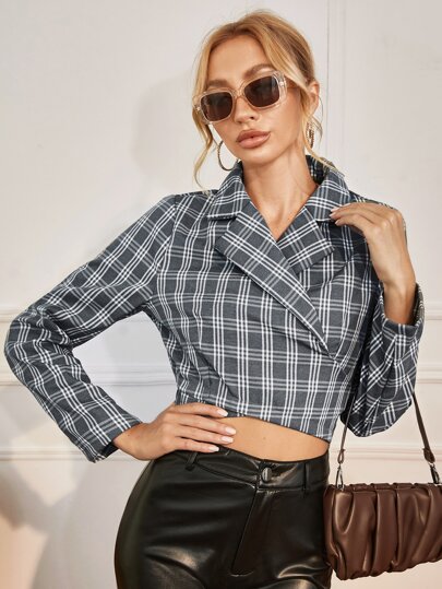 SHEIN Unity Blazer de cuello notched con nudo cruzado trasero de cuadros