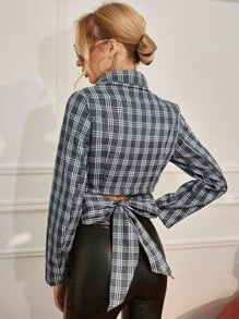 SHEIN Unity 缺口領打結圍裹後格紋西裝外套 - 深灰色 - 查看 2