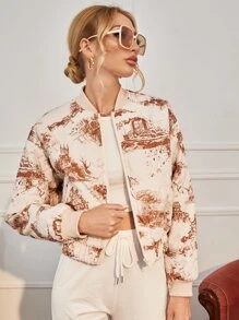 SHEIN Privé Zip Up Graphic Print Drop Shoulder Padded Coat - Multicolor - View 1