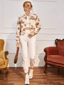 SHEIN Privé Zip Up Graphic Print Drop Shoulder Padded Coat - Multicolor - View 3