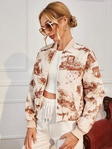 SHEIN Privé Zip Up Graphic Print Drop Shoulder Padded Coat - Multicolor - View 4