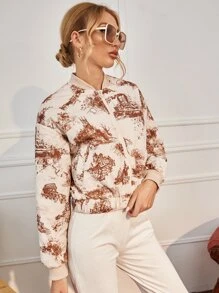 SHEIN Privé Zip Up Graphic Print Drop Shoulder Padded Coat - Multicolor - View 5