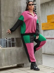 SHEIN Bộ thời trang Plus Size Dây kéo Khối Màu Giải trí - Nhiều màu - Xem 1