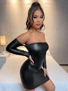 SHEIN SXY 一字肩PU皮革緊身洋裝 - 黑色 - 查看 4