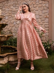 大碼提花褶邊泡泡袖緞面洋裝