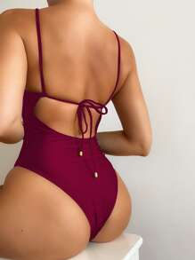 Traje de baño de una pieza con espalda descubierta y pernera alta para vacaciones de verano en la playa - Granate - Ver 2