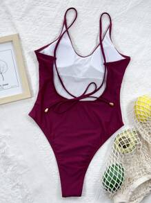 Traje de baño de una pieza con espalda descubierta y pernera alta para vacaciones de verano en la playa - Granate - Ver 3